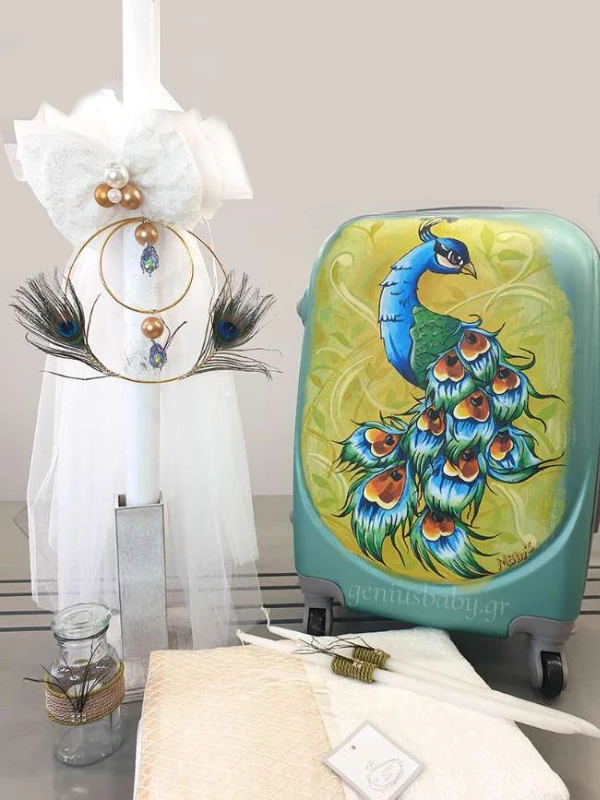 Σετ βάπτισης “Παγώνι” με ζωγραφισμένη βαλίτσα